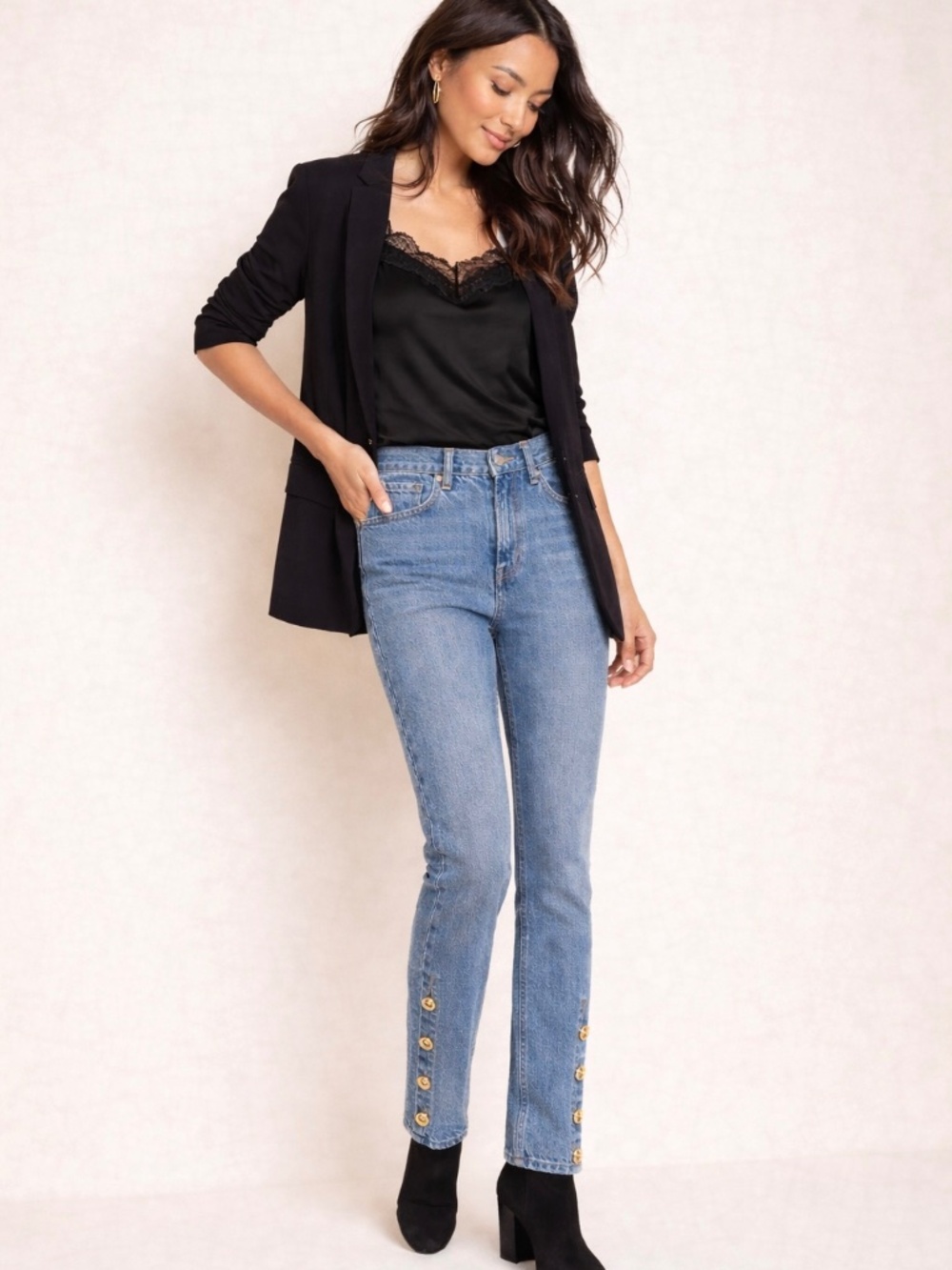 High-Waisted Relaxed Straight Jeans With Gold Embellishments